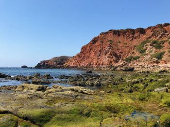 Scenic view of sea against clear blue sky