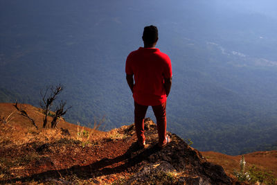 Rear view of man standing on cliff against landscape