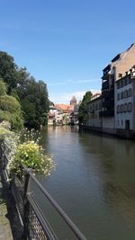 Bridge over river with buildings in background