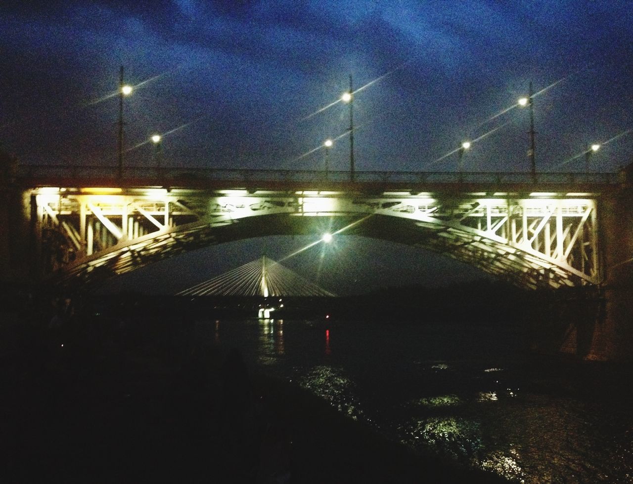 night, illuminated, street light, built structure, architecture, bridge - man made structure, lighting equipment, water, connection, railing, sky, transportation, the way forward, no people, reflection, outdoors, empty, river, dusk, bridge