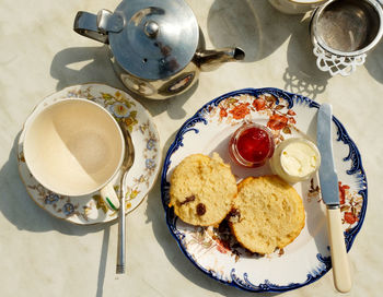 High angle view of breakfast served on table