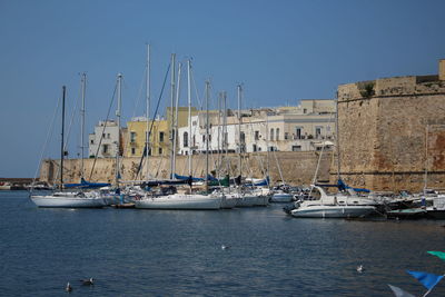 Sailboats moored at harbor against clear sky