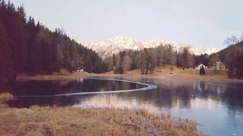 Scenic view of lake by trees against sky