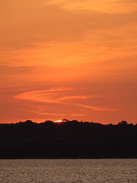 Scenic view of silhouette mountains against orange sky