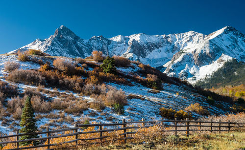 Scenic view of snowcapped mountains against clear sky