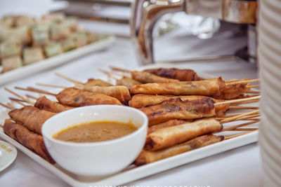 High angle view of food in plate on table