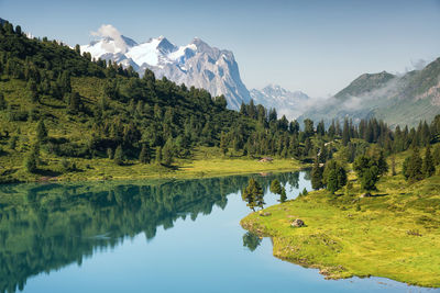 Scenic view of lake and mountains against sky