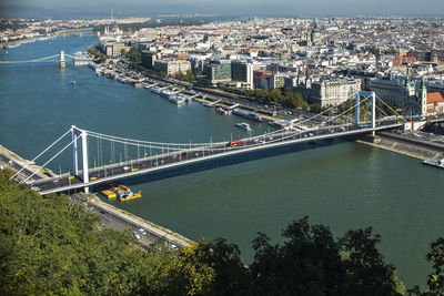 High angle view of suspension bridge over river