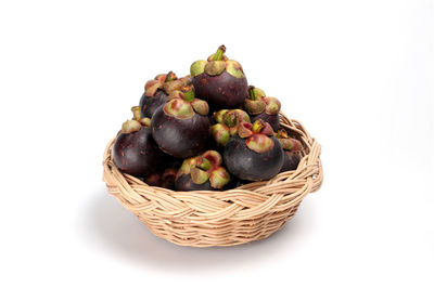 High angle view of grapes in basket