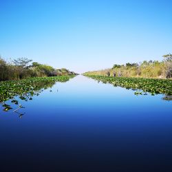 Scenic view of lake against clear blue sky