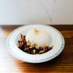 High angle view of dessert in plate on table