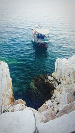 High angle view of boat moored in sea