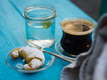 High angle view of coffee in jar on table