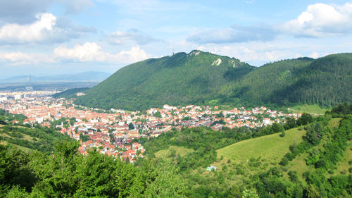 High angle view of houses in town