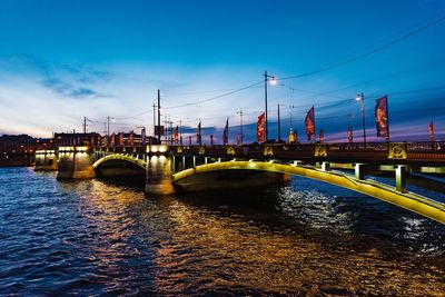 Bridge over river against blue sky in city