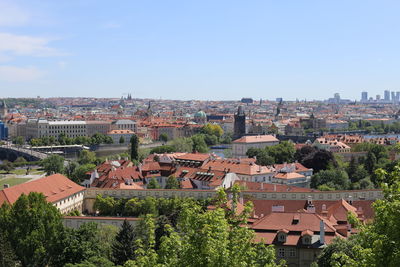 High angle view of townscape against clear sky