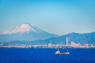 Scenic view of sea and mountains against clear blue sky