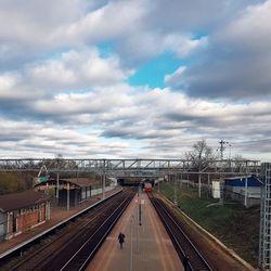 High angle view of train in city against sky