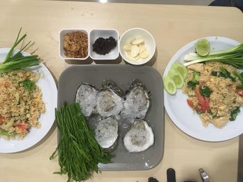 High angle view of meal served on table