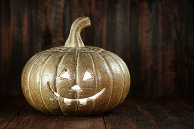 Close-up of jack o lantern on table