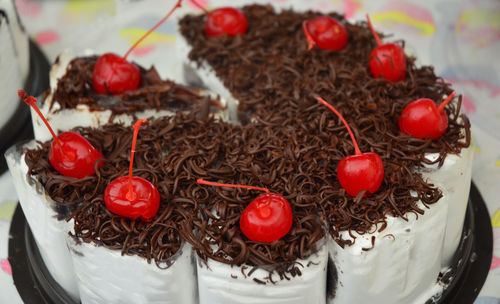 High angle view of strawberries in plate