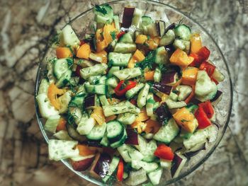 Directly above shot of salad in bowl on table