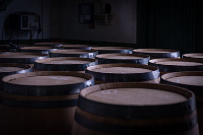 High angle view of wine casks in winery