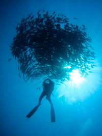 Low angle view of woman with arms raised