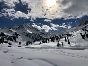 Scenic view of snowcapped mountains against sky