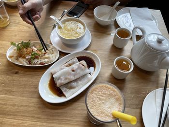 High angle view of breakfast served on table