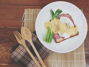 High angle view of breakfast served on table