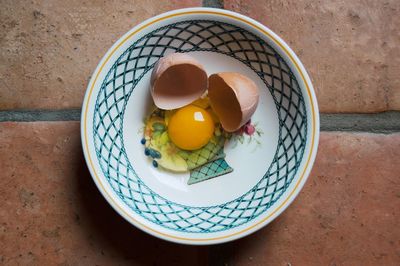 High angle view of breakfast on table