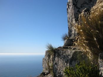 View of rock by sea against clear blue sky