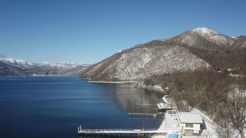 Scenic view of lake against clear blue sky