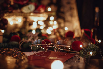 Close-up of christmas decorations on table