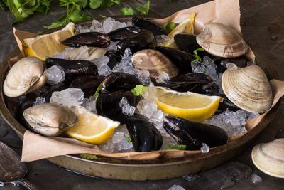 High angle view of mussels and clams served on table