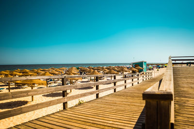 Scenic view of sea against clear blue sky