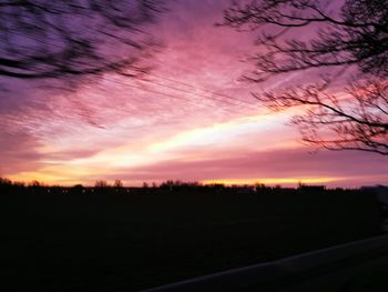 Silhouette trees on field against dramatic sky during sunset