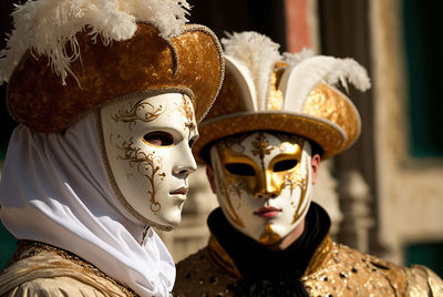 Close up portrait of two young people with golden venetian masks in venice carnival party. 