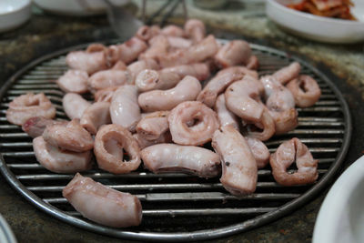 High angle view of meat in cooking pan