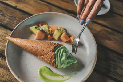 High angle view of food in plate on table