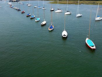 High angle view of boats moored in water