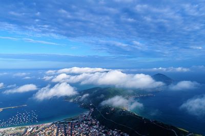 High angle view of sea and land against sky