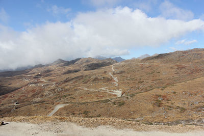 Scenic view of mountains against cloudy sky