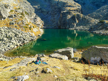 High angle view of rocks in lake