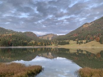 Scenic view of lake and mountains against sky