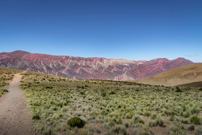 Scenic view of mountains against clear blue sky