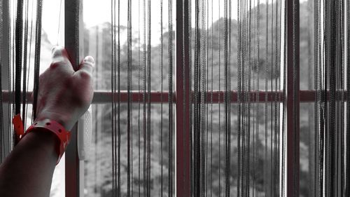 Close-up of hand on window blinds