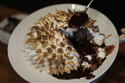 Close-up of chocolate cake in plate