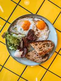 High angle view of breakfast served on table